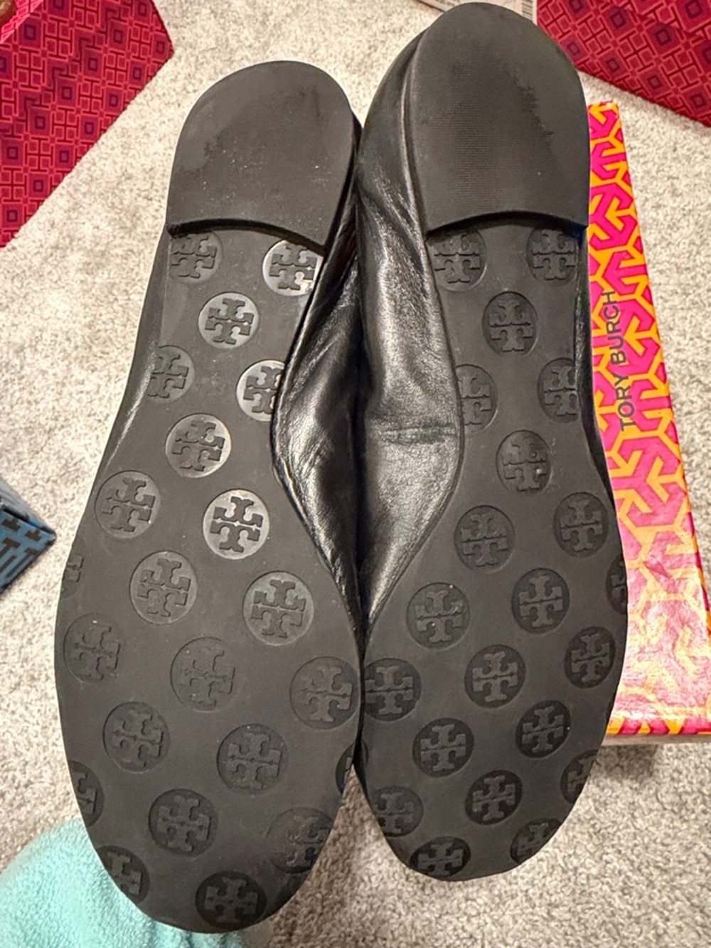 Tory Burch Black Leather Logo Ballet Flats with Silver Emblem - Picture 2 of 3
